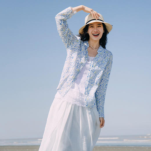 绽放294朵/【入蓝系列】雏菊亚麻竹节印花立领系带短外套防晒衫女 商品图1