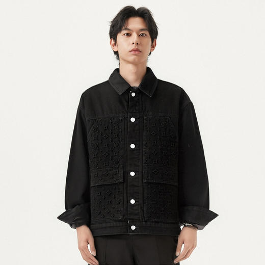 gxg.jeans男装 黑色夹棉复古口袋老花牛仔夹克外套男 25春热卖 商品图2