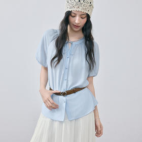 【严选】诗凡黎蓝色系带泡泡袖雪纺衫2025夏新款亲肤舒适温柔感减龄短袖女7G5120771