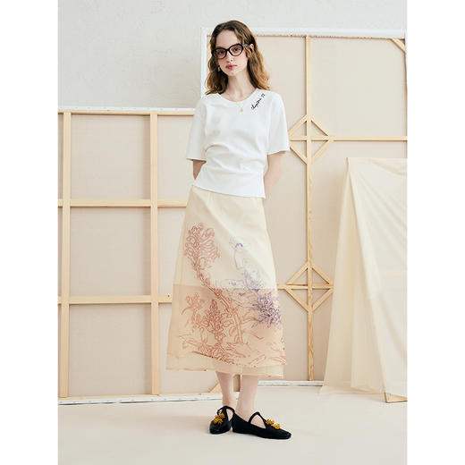 两三事 雾色渐隐 2025夏季新款优雅印花透视欧根纱高腰半身裙 商品图1