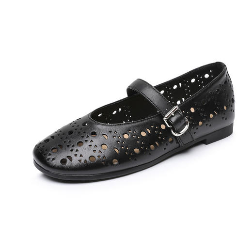 雀说一字带镂空玛丽珍凉鞋女真皮复古平底四季舒适圆头浅口单鞋AL7705 商品图5