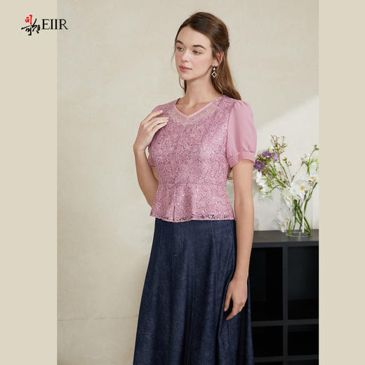 司歌收腰蕾丝上衣短袖v领女夏T911241X 商品图1