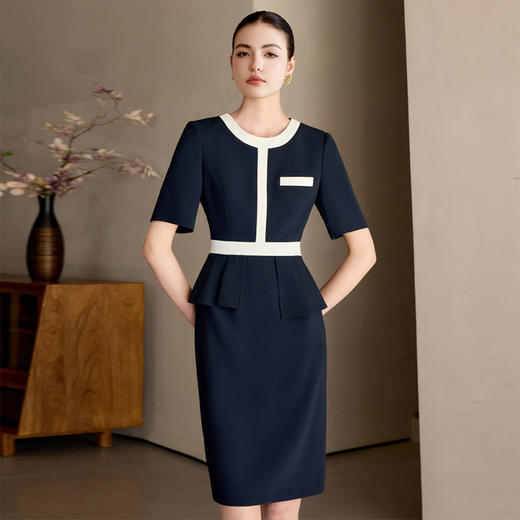 IWY/藏青色短袖连衣裙女气质优雅夏季薄款酒店接待工作服职业裙25Q775 商品图1