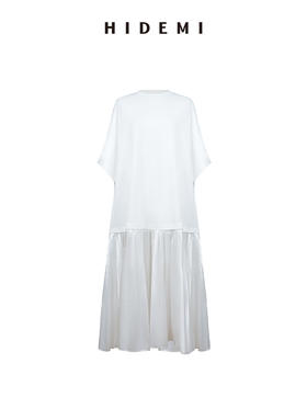 HIDEMI度假系列落肩T恤进口高织自然棉拼接缎面百褶裙款连衣裙