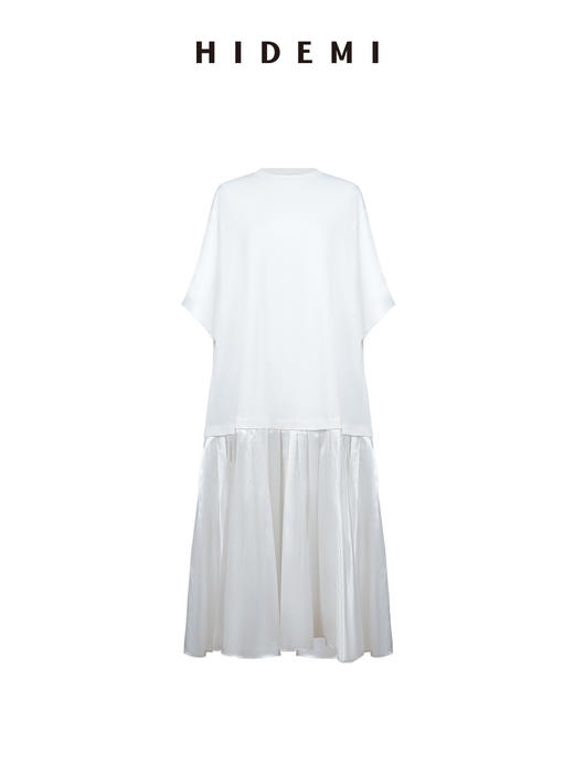 HIDEMI度假系列落肩T恤进口高织自然棉拼接缎面百褶裙款连衣裙 商品图0