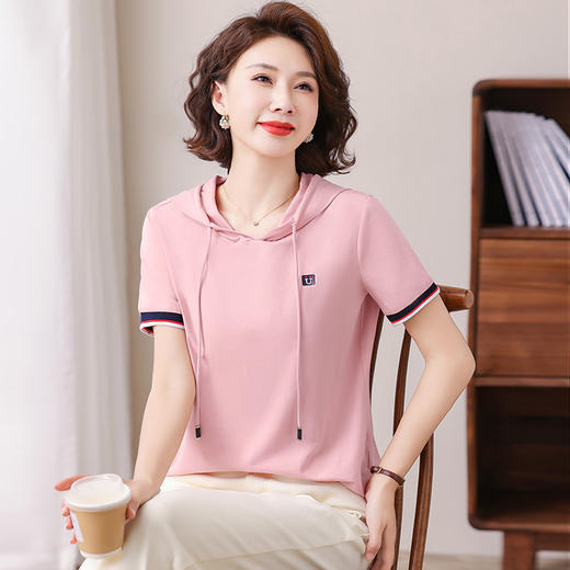 雀说连帽短袖t恤新款夏季高档休闲女装洋气减龄半袖体恤衫AL320034 商品图3