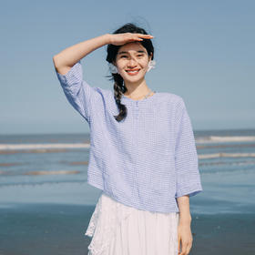 绽放253朵/【入蓝系列】亚麻结构感不对称中袖T恤圆领短袖女夏季