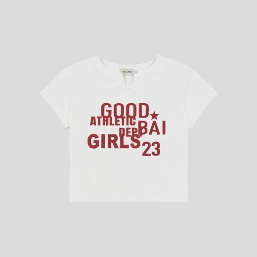 GOODBAI 23 GIRLS athletic撞色印花小V领紧身短款飞袖T恤 商品图2