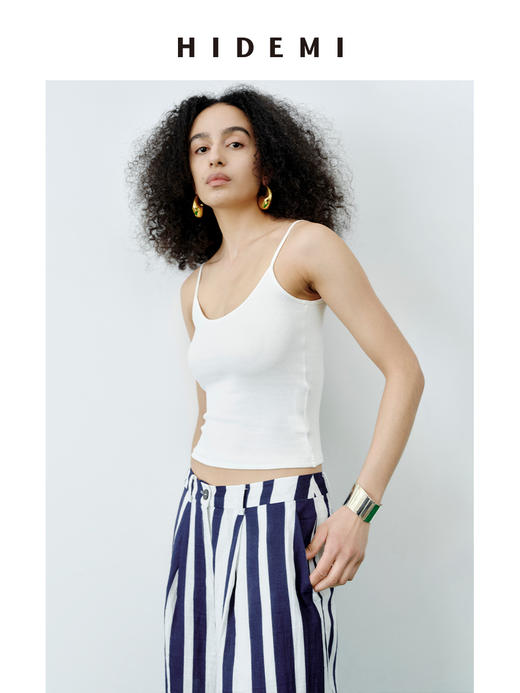 HIDEMI 度假系高织天然棉超弹力百搭款一字领吊带背心/灰色/白色/雾霾蓝 商品图6