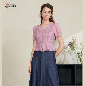 司歌收腰蕾丝上衣短袖v领女夏T911241X