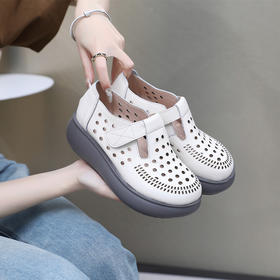 雀说新款真皮女洞洞鞋坡跟软底大码头层牛皮冲孔复古风软底凉鞋AL283