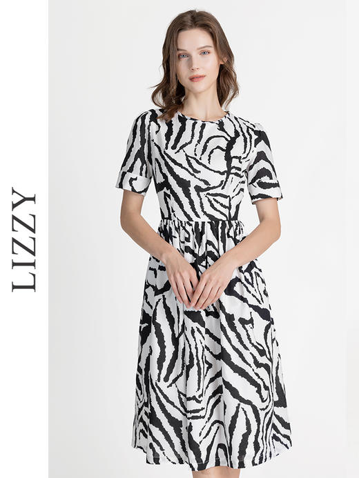 LIZZY夏季简约清爽印花圆领通勤短袖连衣裙6559 商品图0