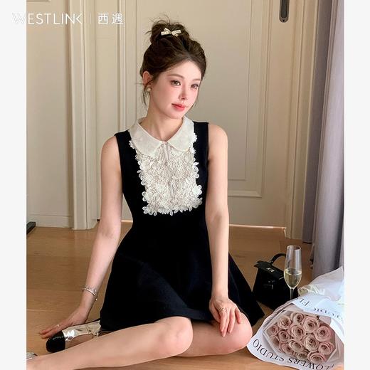 西遇黑色花领无袖连衣裙女新款a字法式收腰短袖裙子SS150081 商品图1