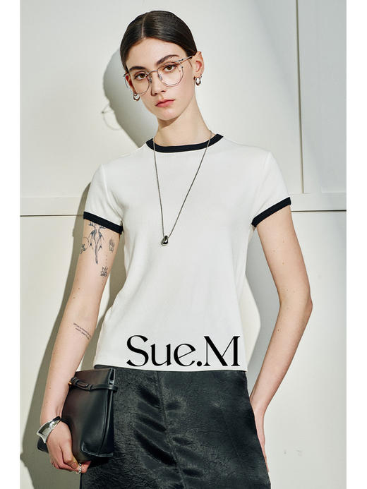 Sue.M 小香风弹力显瘦百搭打底衫女 甜酷风舒适圆领短袖撞色边t恤 商品图5