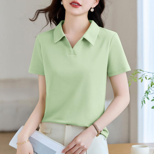 雀说polo领短袖t恤女新款爆款正肩纯色半袖洋气减龄显瘦上衣AL20070 商品图0