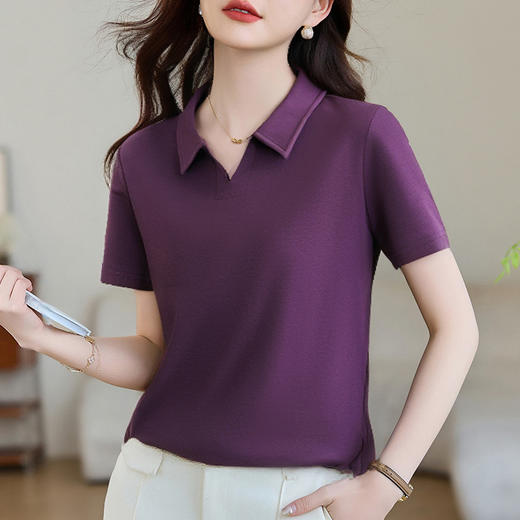 雀说polo领短袖t恤女新款爆款正肩纯色半袖洋气减龄显瘦上衣AL20070 商品图2