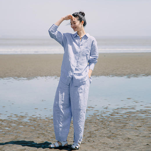 绽放女装274-281朵/【入蓝系列】色织亚麻宽松衬衫阔腿休闲裤套装 商品图0