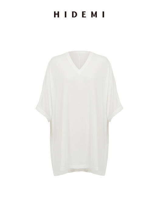 HIDEMI度假系列极简慵懒v领大廓形中长款T恤裙 商品图8