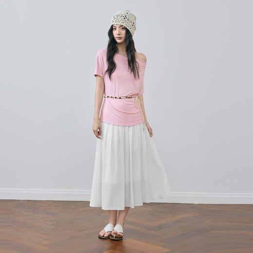 【严选】诗凡黎粉色荡领针织T恤2025夏新款浪漫甜美设计感露肩短袖上衣女7G5301411 商品图1