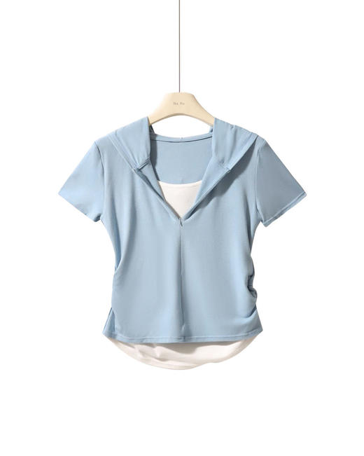 【连帽假两件半拉链短袖t】2025春秋新款修身收腰燕尾时尚百搭短t 商品图7