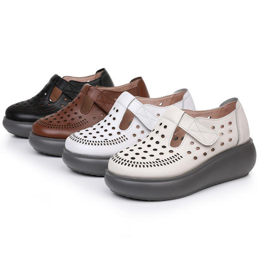 雀说新款真皮女洞洞鞋坡跟软底大码头层牛皮冲孔复古风软底凉鞋AL283 商品图4
