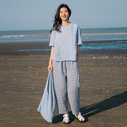 绽放192朵/【入蓝系列】石墨洗肌理感纯亚麻碎褶中袖T恤短袖女夏 商品图2