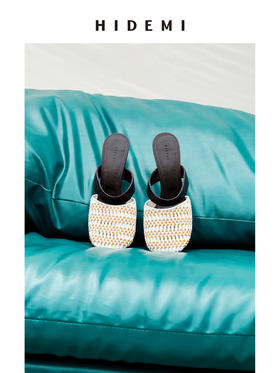 HIDEMI度假系列手工编织艺术感撞色一脚蹬小猫跟穆勒鞋