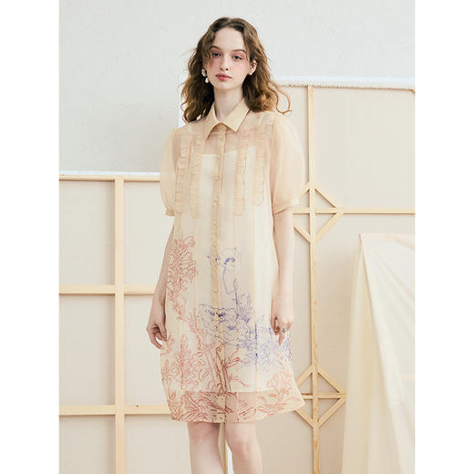 两三事 虚焦心事 2025夏新款优雅荷叶边拼接印花欧根纱连衣裙 商品图1