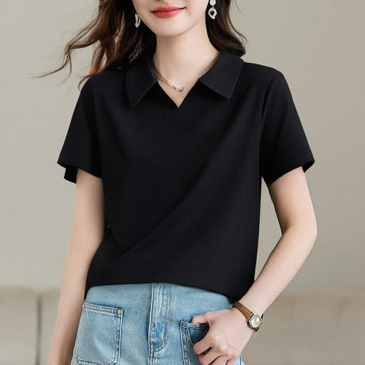 雀说polo领短袖t恤女新款爆款正肩纯色半袖洋气减龄显瘦上衣AL20070 商品图3