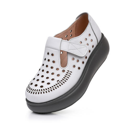 雀说新款真皮女洞洞鞋坡跟软底大码头层牛皮冲孔复古风软底凉鞋AL283 商品图5