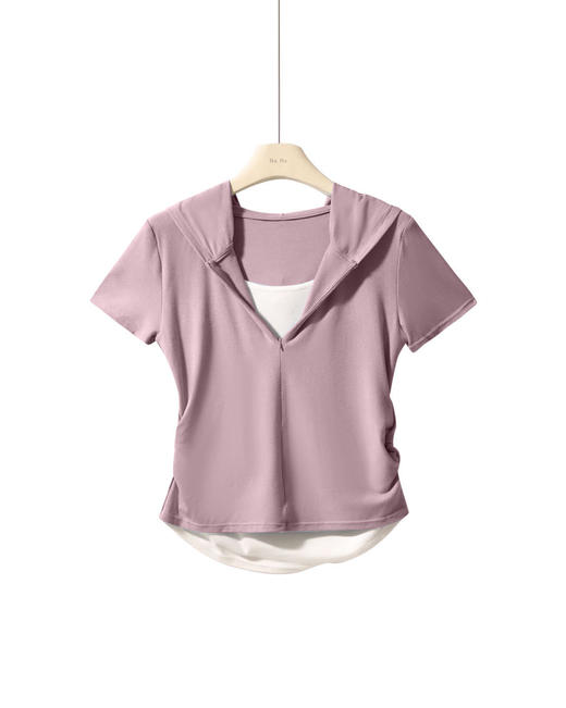 【连帽假两件半拉链短袖t】2025春秋新款修身收腰燕尾时尚百搭短t 商品图8