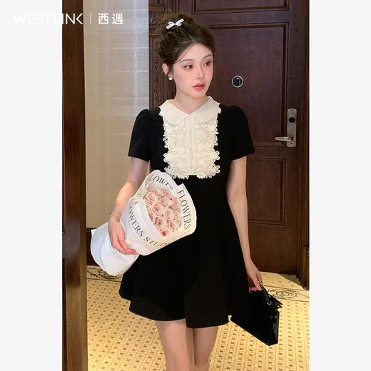 西遇黑色花领无袖连衣裙女新款a字法式收腰短袖裙子SS150081 商品图2