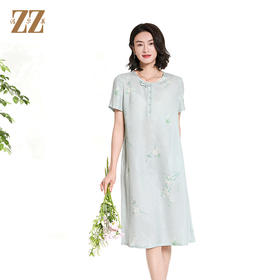 佐尔美夏季新款新中式国风桑蚕丝短袖连衣裙女M42LS95