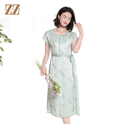 佐尔美夏季新款新中式国风桑蚕丝短袖连衣裙女M42LS100 商品图2