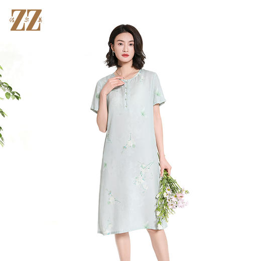 佐尔美夏季新款新中式国风桑蚕丝短袖连衣裙女M42LS95 商品图3