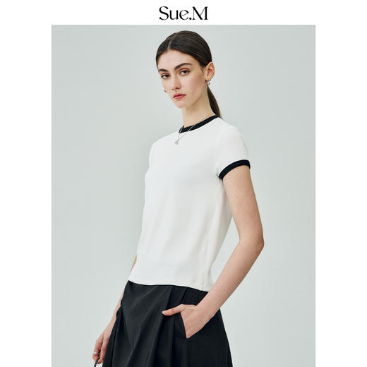 Sue.M 小香风弹力显瘦百搭打底衫女 甜酷风舒适圆领短袖撞色边t恤 商品图2