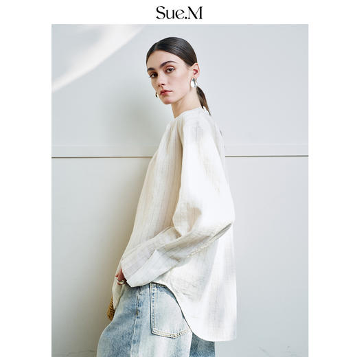 Sue.M 法式条纹立领荷叶边宽松长袖女士木耳边衬衣 商品图3