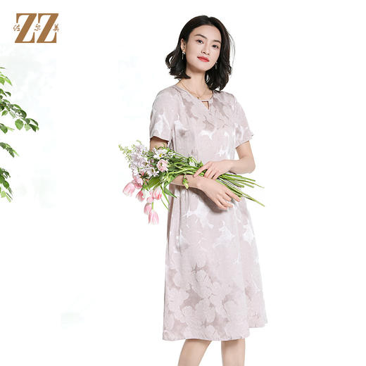 佐尔美夏季新款新中式气质桑蚕丝短袖连衣裙女M42LS96 商品图1