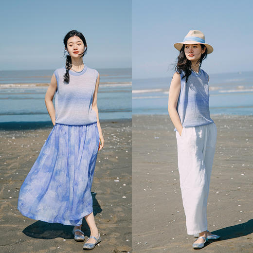 绽放297朵/【入蓝系列】进口棉纸纱混纺蓝灰渐变圆领无袖针织背心 商品图2