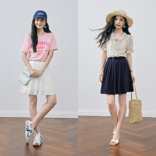 【严选】诗凡黎白色甜美A字半身裙2025夏新款藏青流行显瘦高腰百褶短裙女7G5140711 商品图1