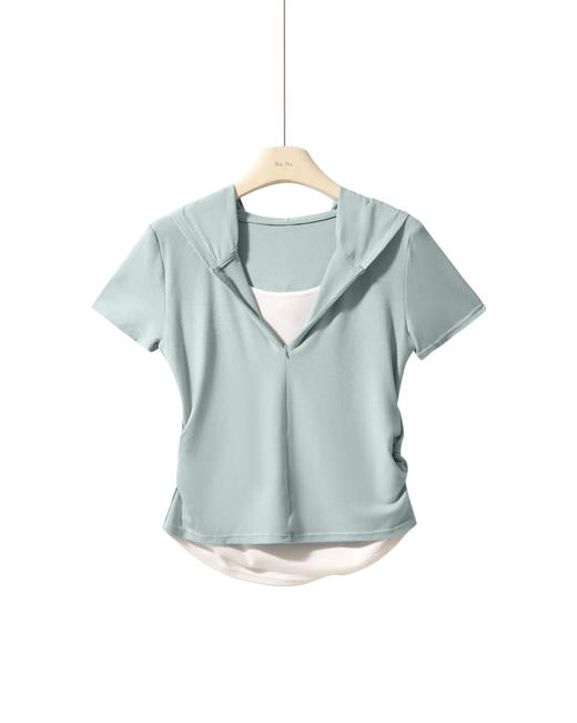 【连帽假两件半拉链短袖t】2025春秋新款修身收腰燕尾时尚百搭短t 商品图6