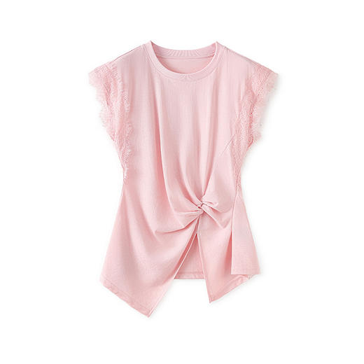 「高货wl」全新升级【铂金会员165/天猫219/差价54】(14459)洛诗琳夏季新款小众设计感蕾丝拼接褶皱收腰显瘦圆领T恤 商品图4