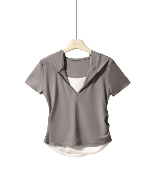 【连帽假两件半拉链短袖t】2025春秋新款修身收腰燕尾时尚百搭短t 商品图5