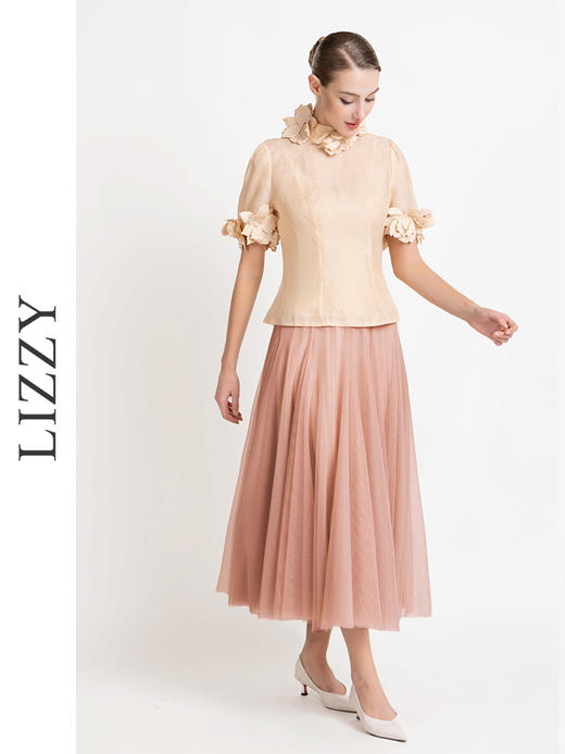 LIZZY四季款时尚优雅立体裁剪松紧腰双层纱百搭动感网纱裙7085 商品图9
