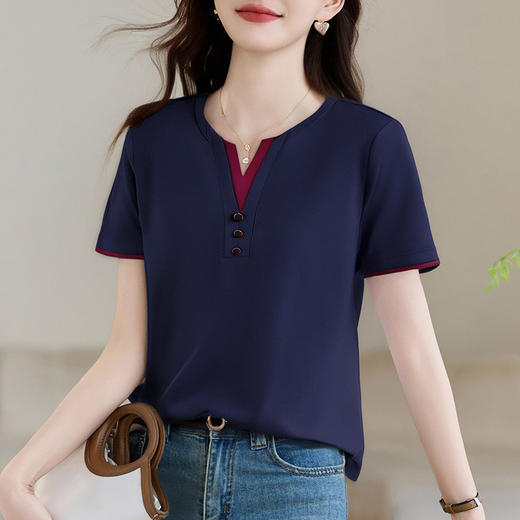 雀说正肩v领短袖t恤女新款夏季爆款女装宽松假两件上衣中年体恤衫AL20083 商品图2