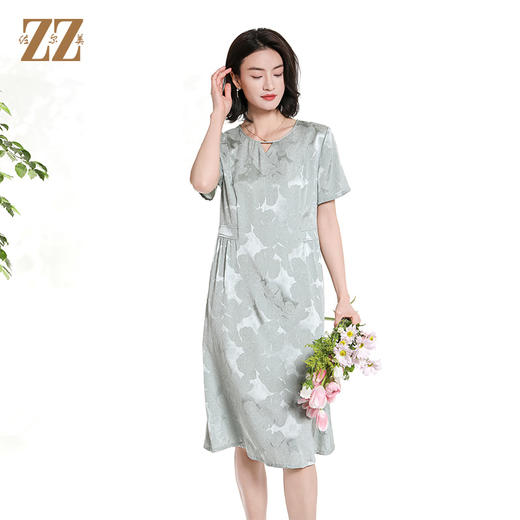 佐尔美夏季新款新中式气质桑蚕丝短袖连衣裙女M42LS96 商品图0