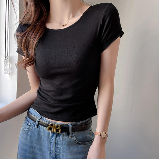 ✨莱赛尔天丝韩系女装【小圆领正肩t恤】女短袖高级拼接收腰设计感上衣 商品图2