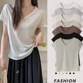 【69/任选2件 v领雪花麻短袖t恤 条纹撞色v领】2025春夏新款宽松显瘦百搭慵懒风上衣T恤