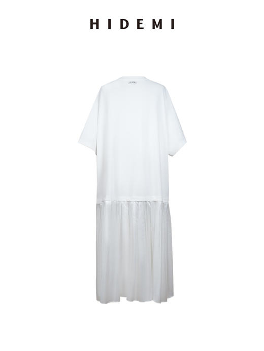 HIDEMI度假系列落肩T恤进口高织自然棉拼接缎面百褶裙款连衣裙 商品图2