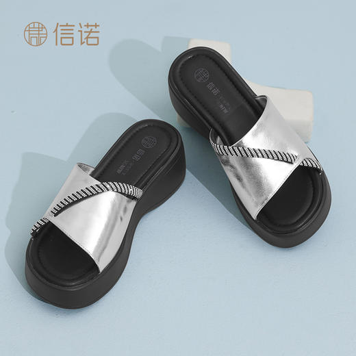 信诺妈妈拖鞋女2025新款夏季外穿凉鞋厚底增高时尚百搭真皮一字拖X5L137-105 商品图3